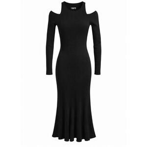 AllSaints Black Midi Knit Dress Cutout Long Sleeve Fit & Flare size Medium Goth